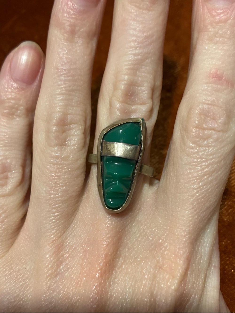 Vintage Alpaca Mexico Green Glass Abstract Face Ring